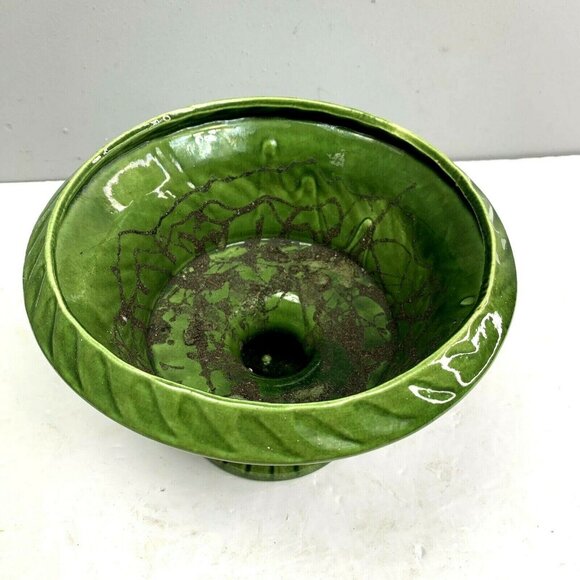 Vintage Haeger Pottery Green Planter Pot Ribbed Pedestal Dish 6" Plant Bowl - Picture 2 of 6